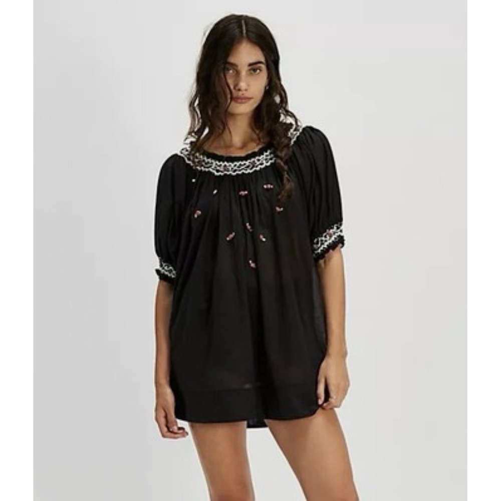Free People Atlas Rose Tunic Womens Small Black NWT Embroidered Boho Mini Dress